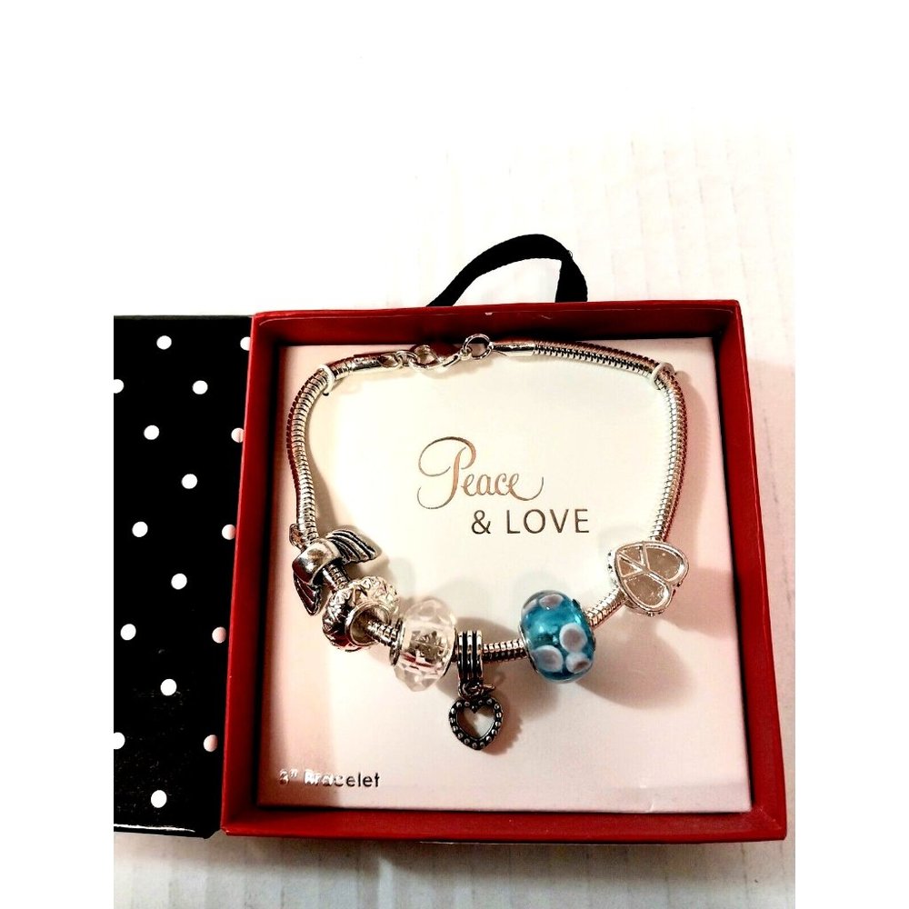 Silver Tone 8" PEACE & LOVE Bracelet With Beads And Charms - Picture 2 of 2